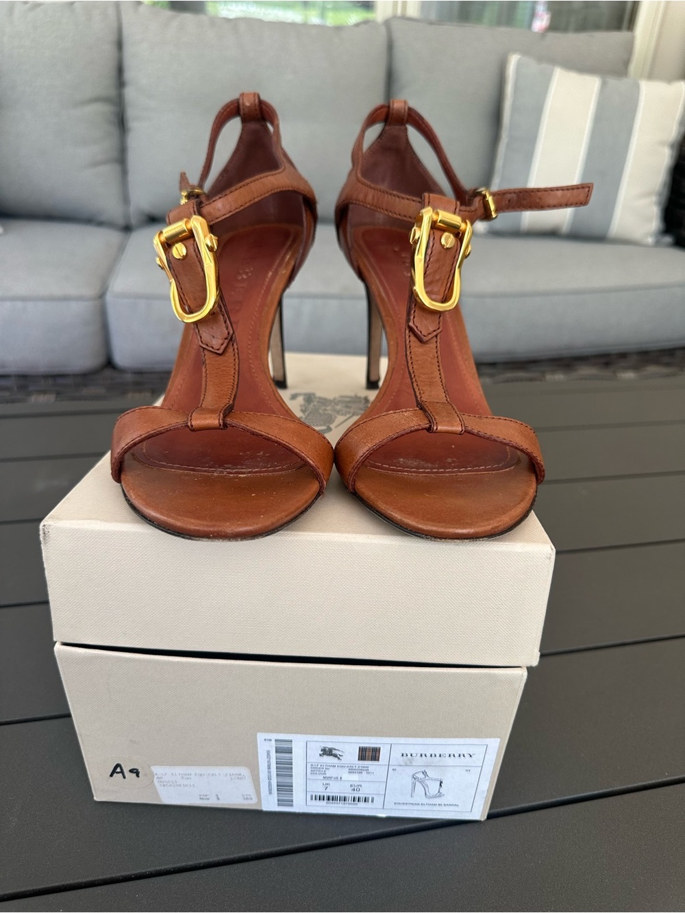 BURBERRY Brown Leather High Heel Sandals with Gold Buckles